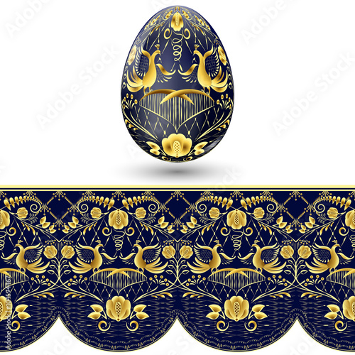 Easter egg painted. Dark blue and gold seamless pattern in national style of painting on porcelain.