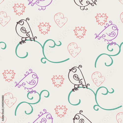 Retro abstract valentine seamless pattern. Romantic nostalgia design with curls, hearts and birds. Can be used for web page background, wrapping paper, cards and invitations.