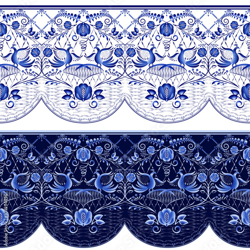 Set of seamless borders with imitation porcelain painting in the style of Gzhel Russian or Chinese painting.