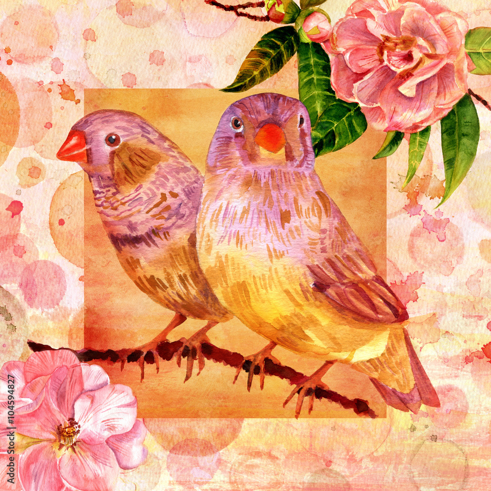 Vintage style greeting card design with watercolor birds and camelias