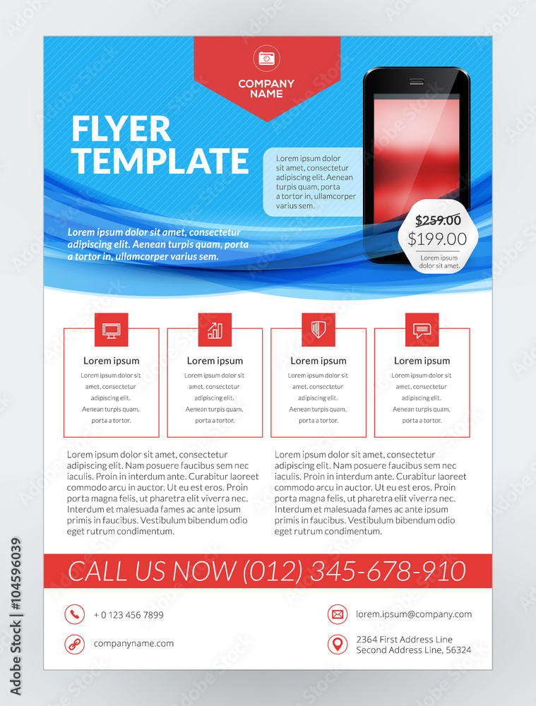Vector Business Flyer Design Template for Mobile Application or New Smartphone. Vector Brochure Design Layout Template. Red and Blue Colors