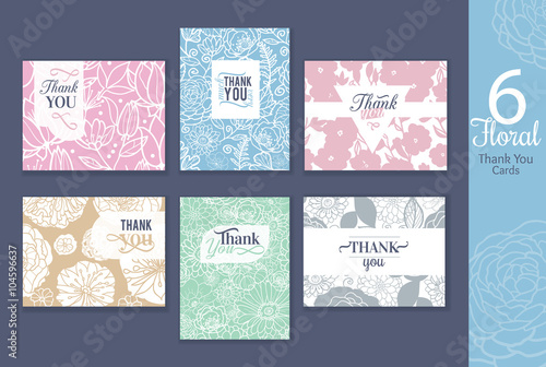 Six floral wedding thank you cards set with elegant text design, repeat patte...