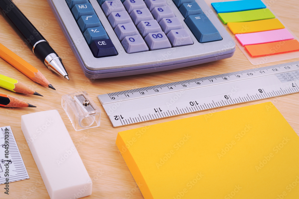 Office table desk with set of Office Stationery or Math Supplies. Office table desk with set of Office Stationery or Math Supplies.