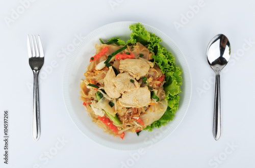 Rice Noodles Stir-fried with Chicken (Guay Tiew Kua Gai), Thai Street Food.