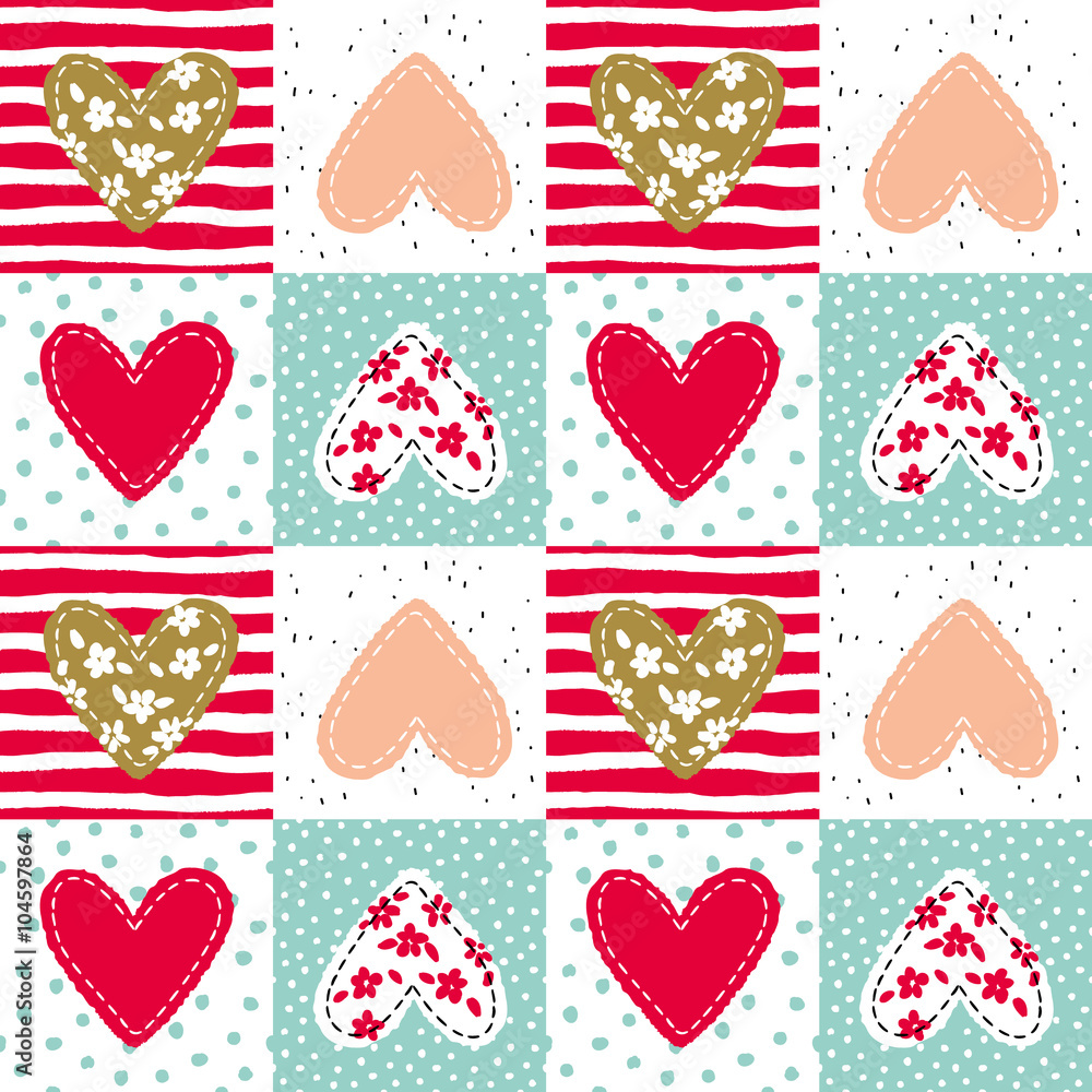 Hearts patchwork background. Vector seamless pattern. Red, blush pink, mint and white colors. Romantic Valentines day illustration. Hearts patchwork background. Vector seamless pattern. Red, blush pink, mint and white colors. Romantic Valentines day illustration.