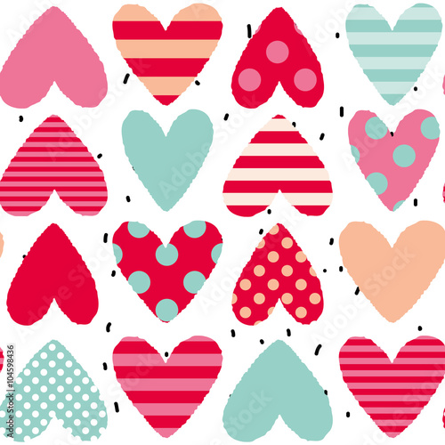 Valentines day hearts on the white background. Vector seamless pattern for home decor. Pink, red, mint and white colors. Striped and polka dots patterns.