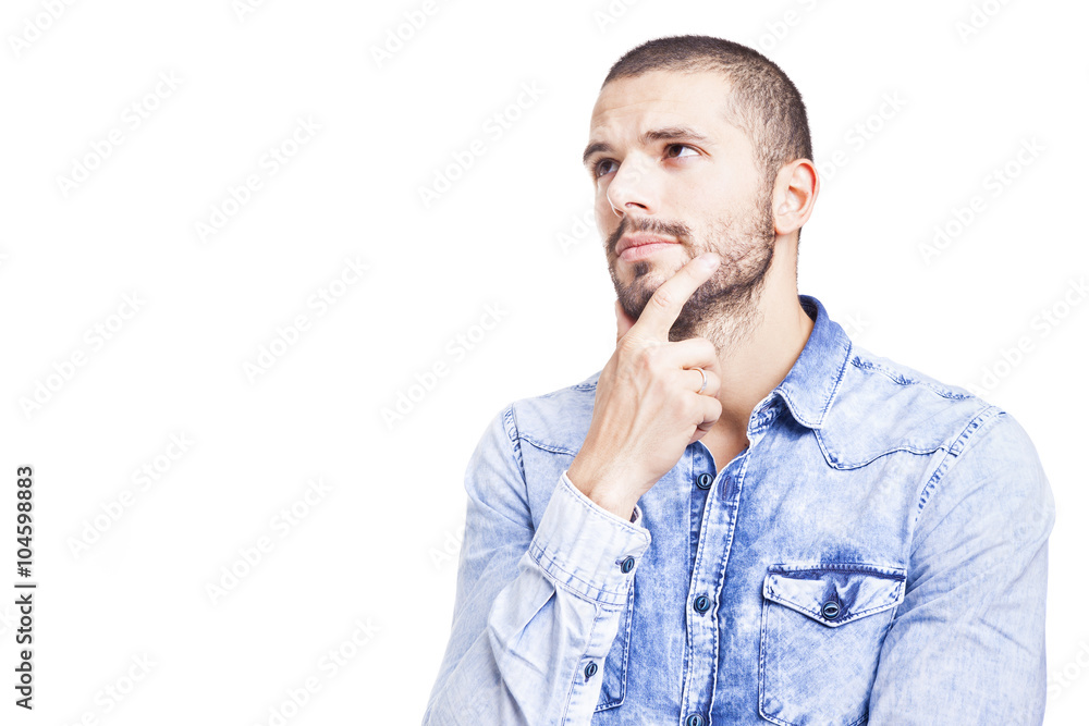 Portrait of a young thoughtful man, isolated over white backgrou
