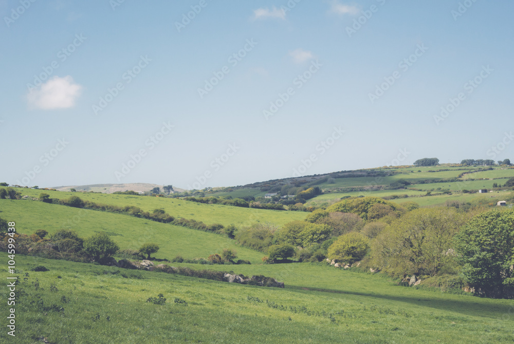 Landscape fields and hills in Cornwall UK