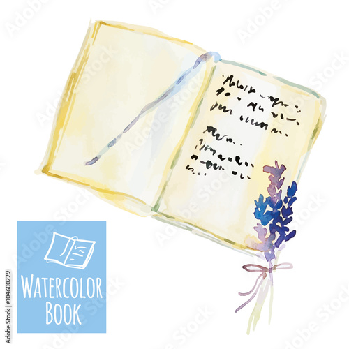 Book with bookmark and lavender flowers on the white background. Watercolor memories illustration.