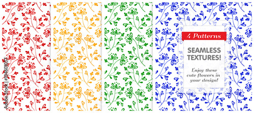 VECTOR eps 10. 4 SEAMLESS patterns in bright colors. Endless textures with flowers, which have little shade and light 
