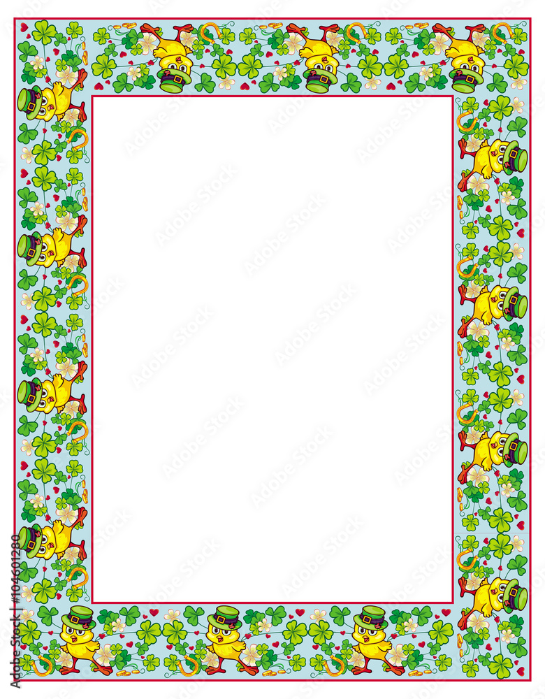 Clover frame and funny yellow chick in green hat. Vector clip art.