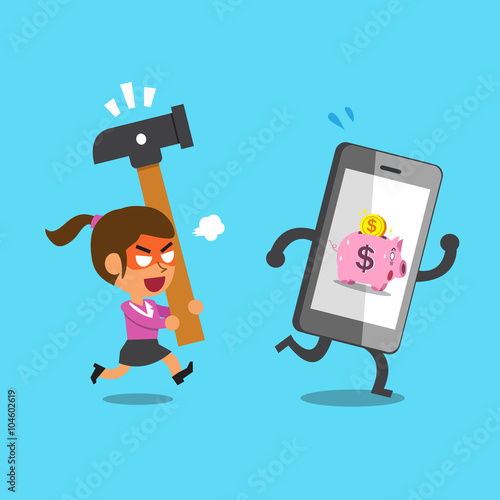 Business concept smartphone with pink piggy bank escaping from businesswoman