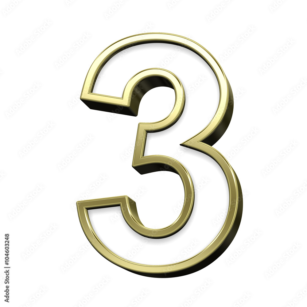 One digit from white with gold shiny frame alphabet set, isolated on white. Computer generated 3D photo rendering.