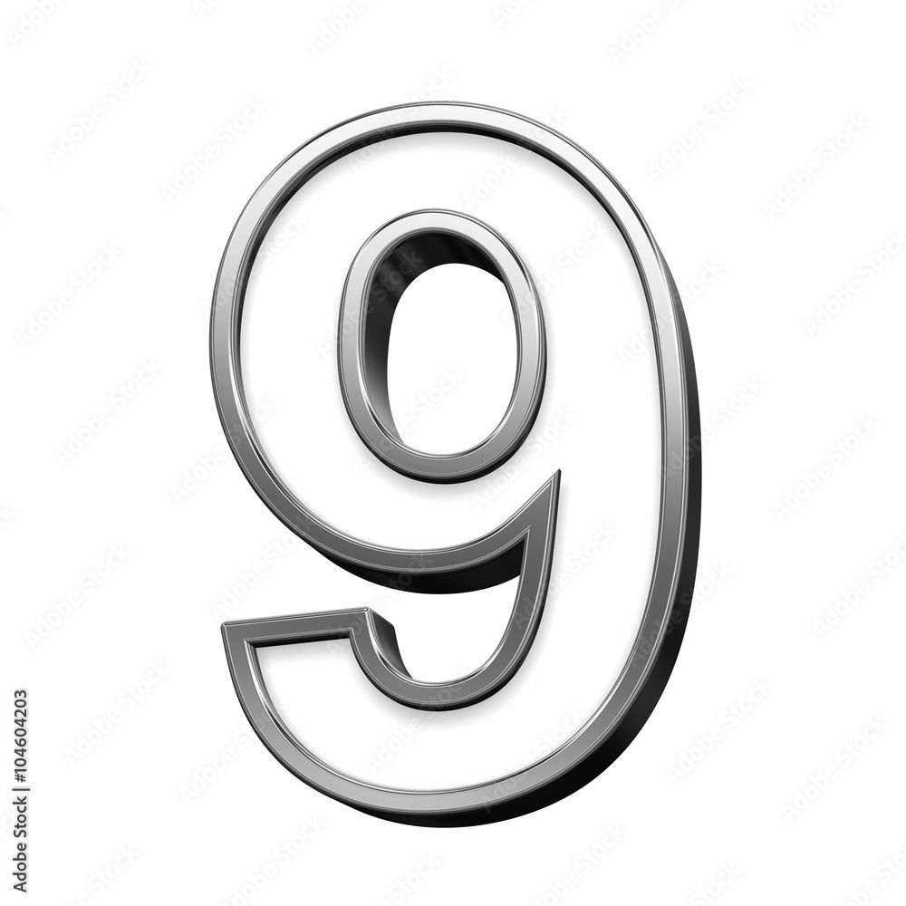 One digit from white with silver shiny frame alphabet set, isolated on white. Computer generated 3D photo rendering. One digit from white with silver shiny frame alphabet set, isolated on white. Computer generated 3D photo rendering.