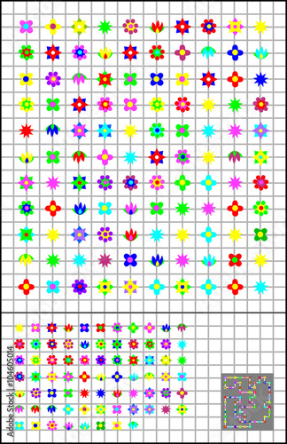 Logic puzzle on a square paper. Join flowers by straight line to get closed circuit. Each flower you have to cross once. Vector image.