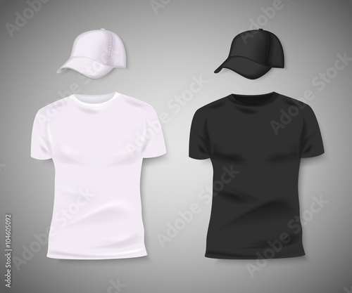 Collection of men black and white t-shirt and baseball cap front side. Blank design for corporate identity. Vector illustration.