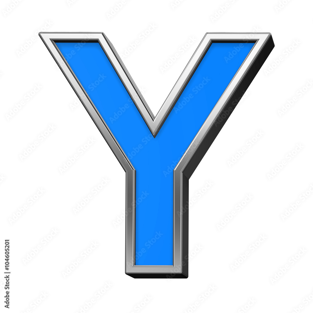 One letter from blue with silver shiny frame alphabet set, isolated on white. Computer generated 3D photo rendering. One letter from blue with silver shiny frame alphabet set, isolated on white. Computer generated 3D photo rendering.