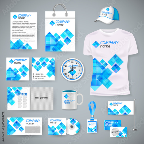 Corporate identity business photorealistic design template. Classic blue stationery template design. Watch, T-shirt, cap, flag, package and Documentation for business. Vector illustration