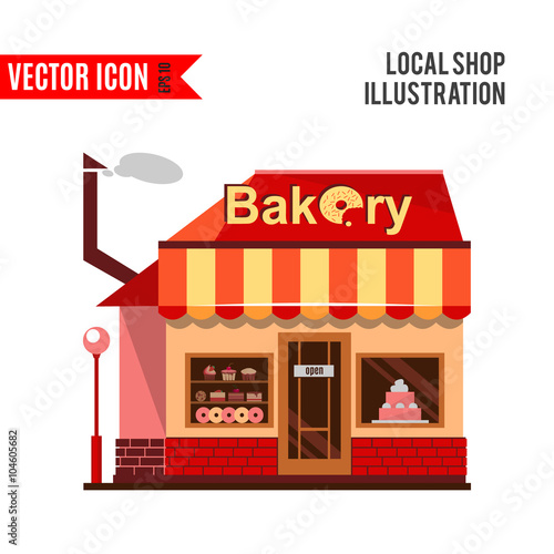 Bakery building with cakes, donuts and pies