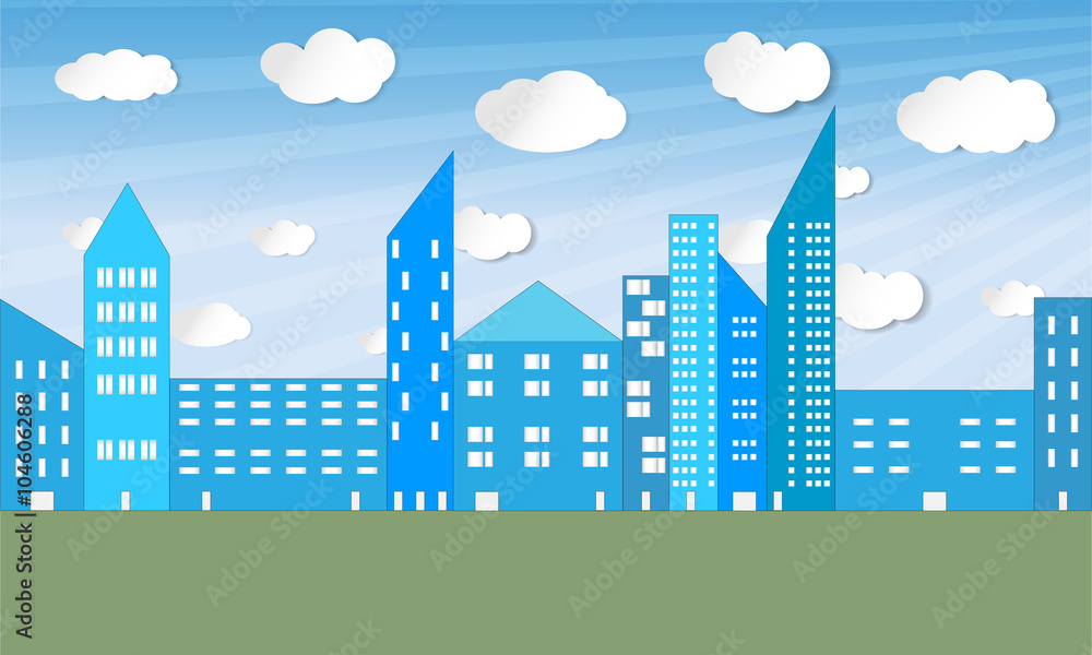 Obraz premium Illustrated city panorama with sky, clouds, skyscrapers and green field