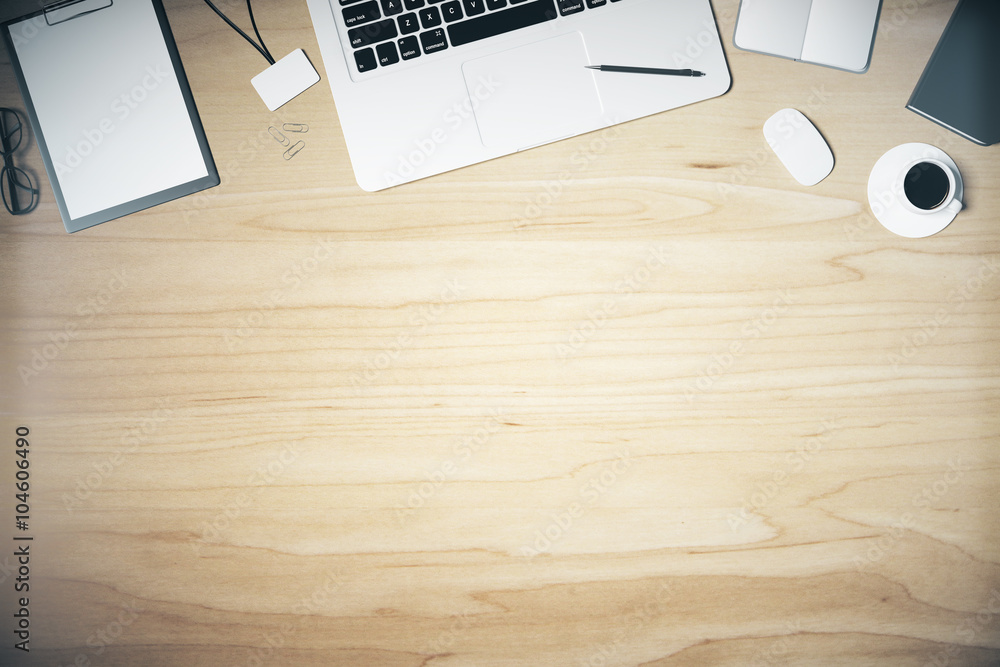 Wooden table with laptop, blank paper, badge and cup of coffee, Wooden table with laptop, blank paper, badge and cup of coffee,