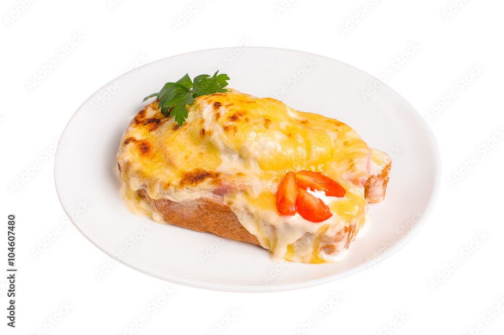 Hot sandwich with cheese on a plate. Isolated on white.