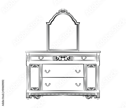 Dressing table with mirror in classic baroque style. Vector sketch