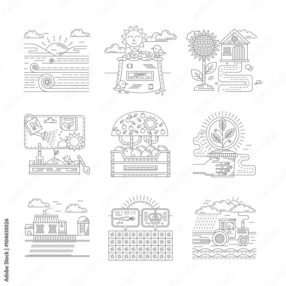 Agricultural farm icons set flat line style