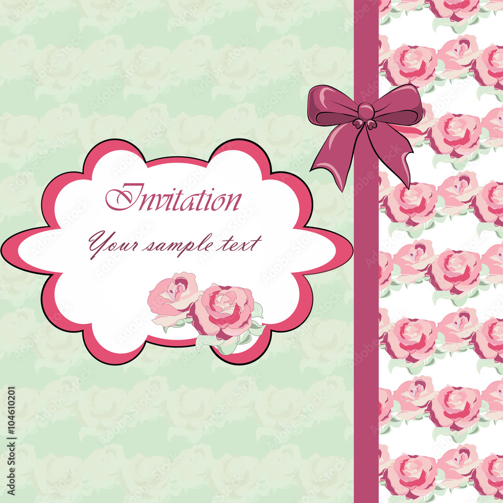 Wedding invitation card with vintage ornaments and roses. Shabby chic style. Vector