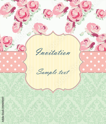 Wedding invitation card with vintage ornaments and roses. Shabby chic style. ...
