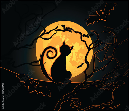 Halloween background with black cat, night moon, sky and bats. Vector
