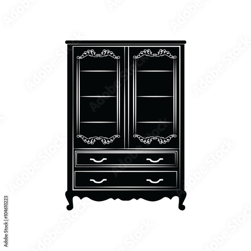 Classic royal ornamented glass case closet furniture in black. Vector