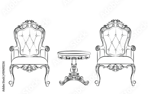 Set of classic furniture with rich baroque ornaments. Vector