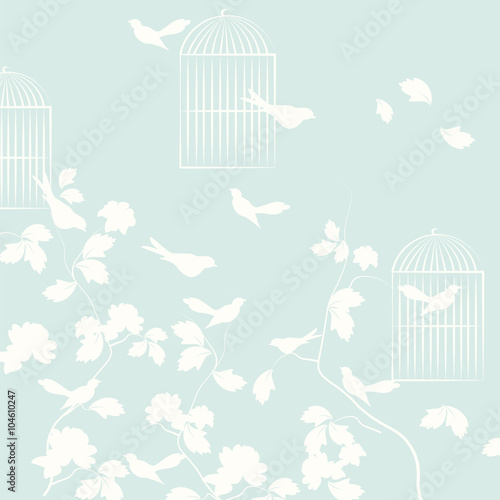 Pigeons birds with leaves and cage. Vector