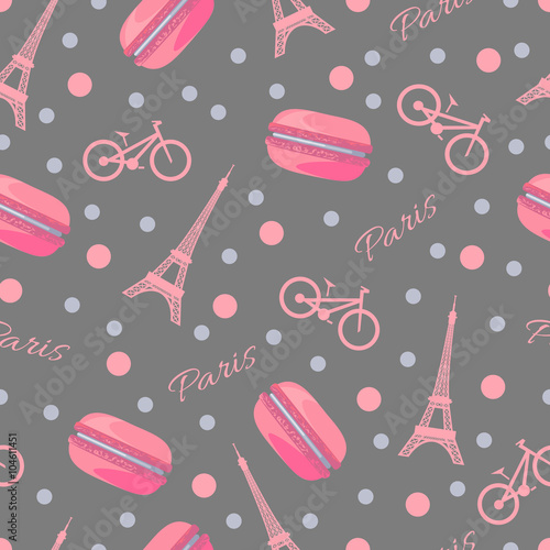 Seamless pattern with tasty macaroons, Eiffel Tower, Paris, bike and dots