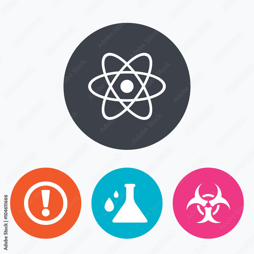 Attention biohazard icons. Chemistry flask. Attention biohazard icons. Chemistry flask.