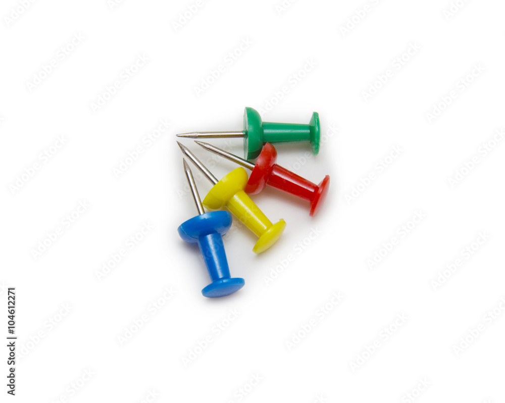 Set of push pins in different colors, isolated on white backgrou Set of push pins in different colors, isolated on white backgrou