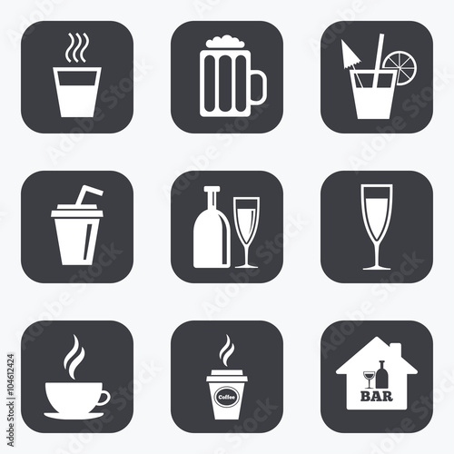 Cocktail, beer icons. Coffee and tea drinks.