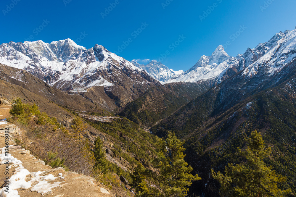 Scenery in the Himalayas on the way to Everest Base Camp, In Nepal, with Everest Mount in the background