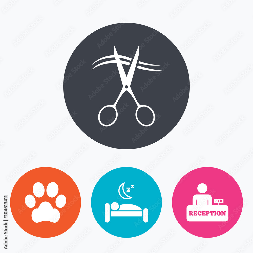 Hotel services icon. Pets allowed, hairdresser. Hotel services icon. Pets allowed, hairdresser.