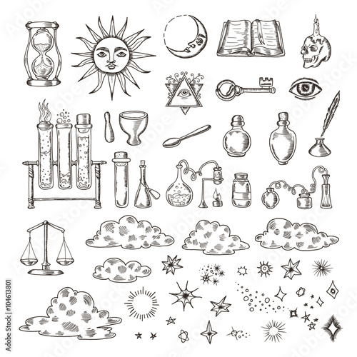 Set of trendy vector alchemy symbols collection isolated on white background.
