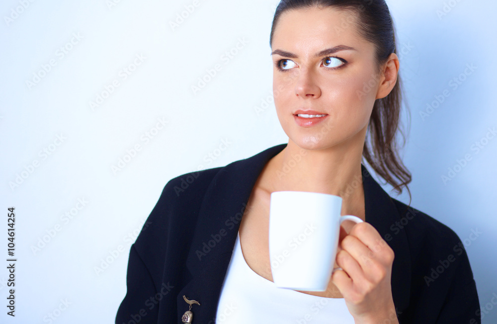 Portrait of young woman with cup tea or coffee Portrait of young woman with cup tea or coffee
