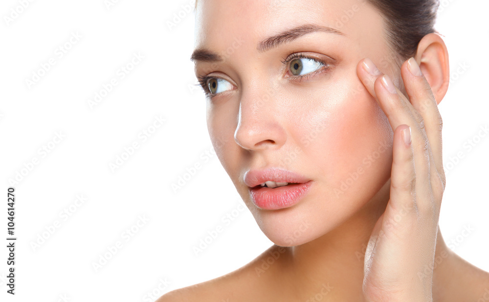 Close up portrait of beautiful young woman face. Isolated on white background.