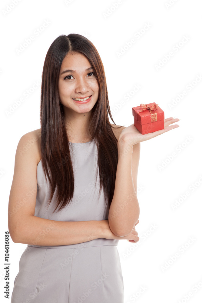 Beautiful young Asian woman with red gift box Beautiful young Asian woman with red gift box