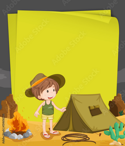 Paper design with boy camping out at night