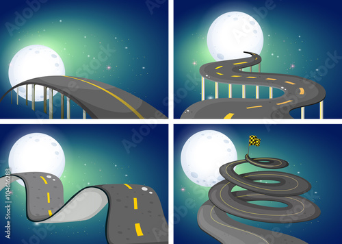 Four night scenes of empty roads