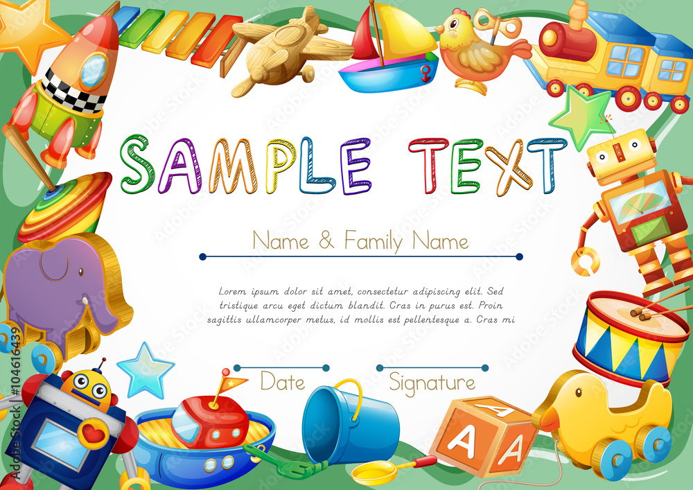 Obraz premium Diploma template with toys on border