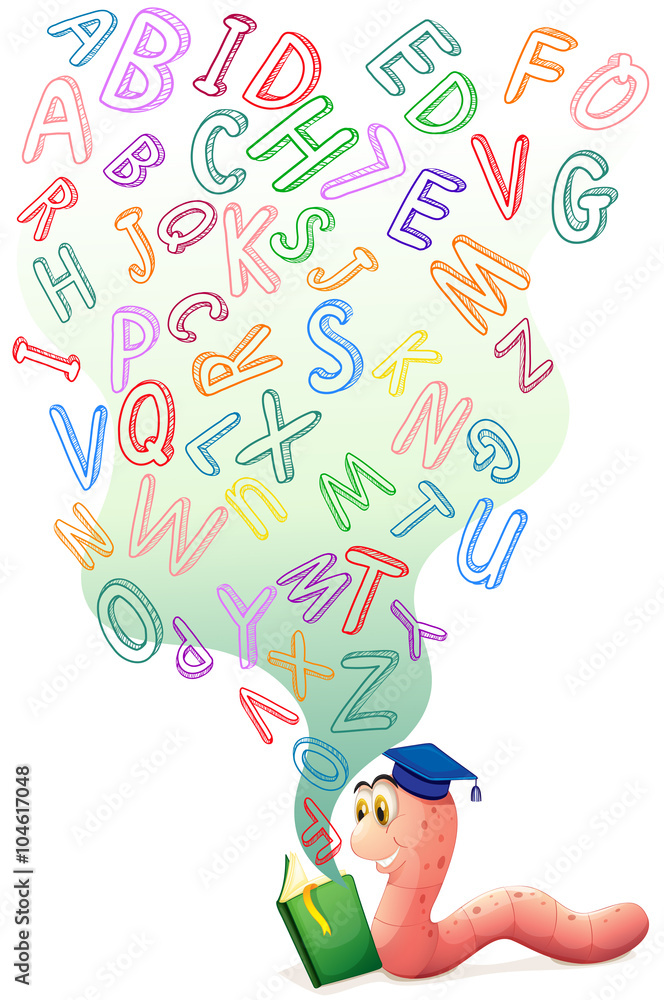 Bookworm with book of english alphabets Bookworm with book of english alphabets