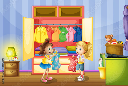 Two girls choosing clothes from closet