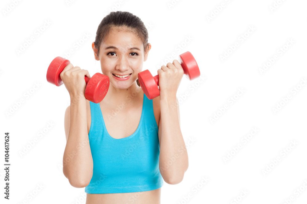 Beautiful Asian healthy girl exercise with dumbbell Beautiful Asian healthy girl exercise with dumbbell